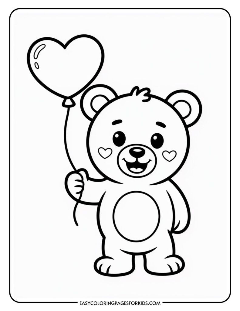 A cute cartoon bear holding a heart-shaped balloon, with heart motifs on its cheeks.