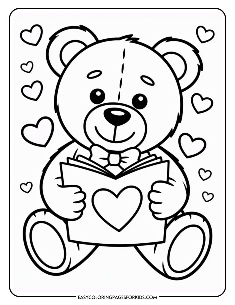 A teddy bear with a bowtie holds a heart-decorated book, surrounded by floating hearts.