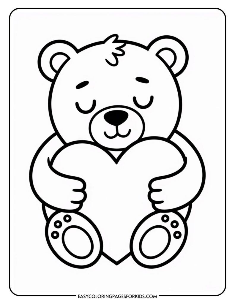 A cute bear holding a large heart, eyes closed, appearing content and peaceful.