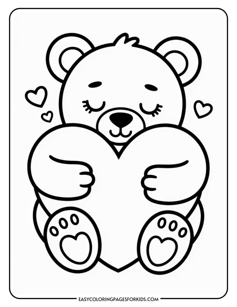 A cartoon bear hugging a large heart, with small hearts floating around it.