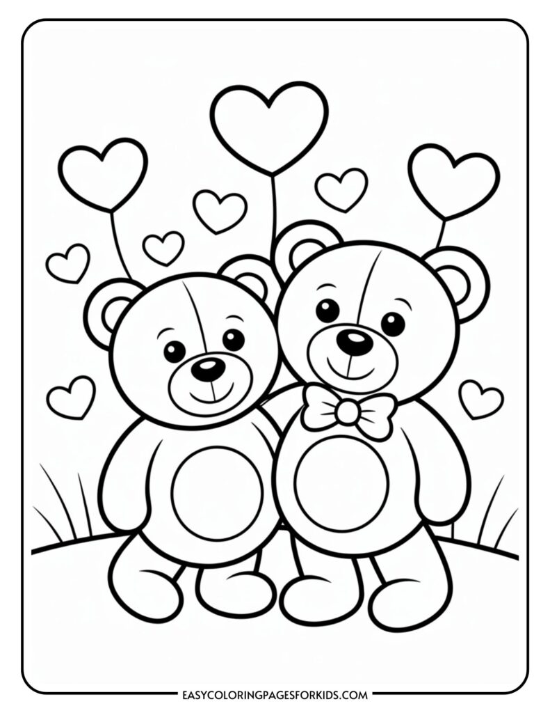 Two cartoon teddy bears with heart antennae stand together, surrounded by heart shapes, on a grassy hill.
