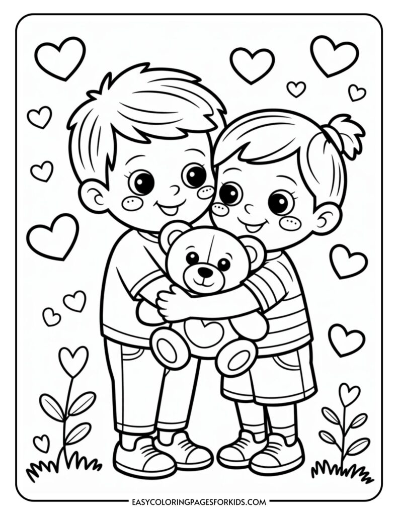 Two children hugging a teddy bear surrounded by hearts and flowers in a coloring page.
