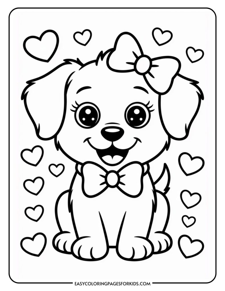 A cute cartoon puppy with a bow on its head and around its neck, surrounded by hearts.