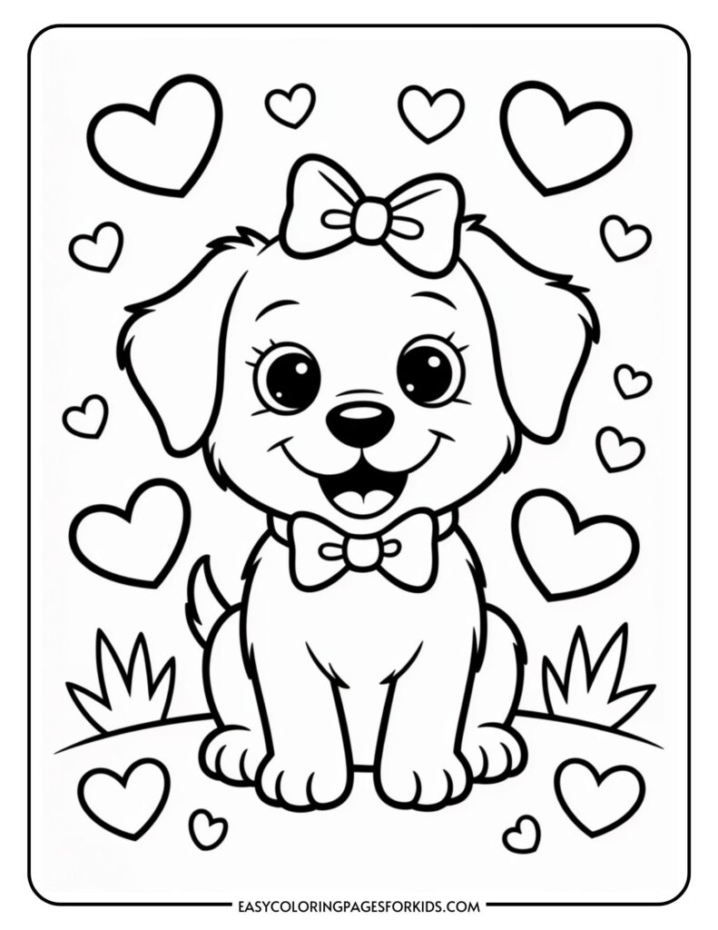 A cute puppy with bows on its head and neck, surrounded by hearts and grass.