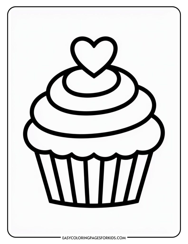 Outline drawing of a cupcake with swirled frosting and a heart-shaped topper.