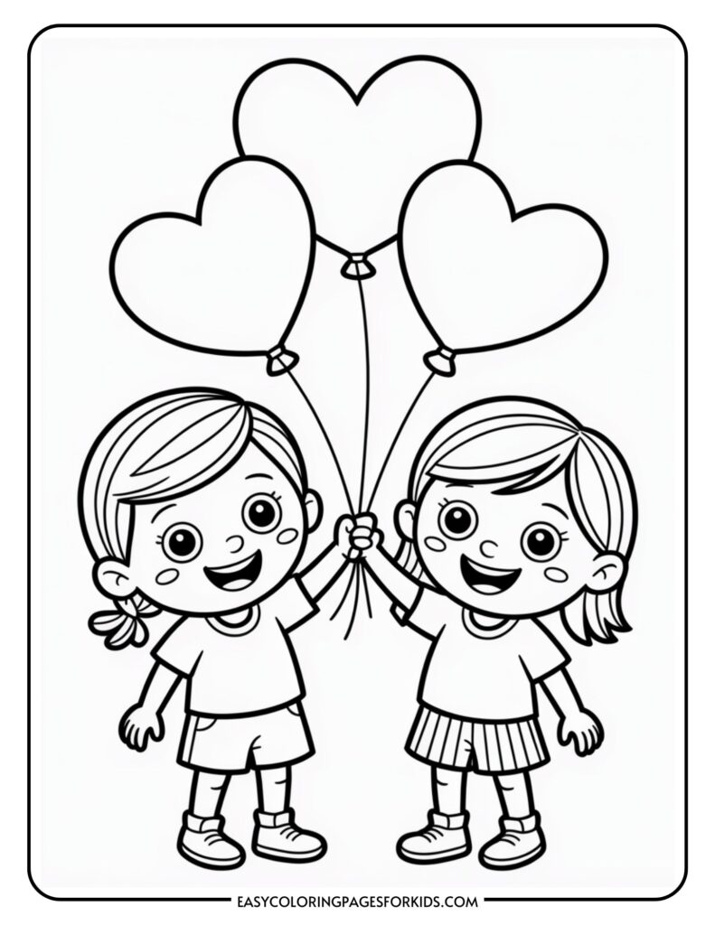 Two children smiling and holding heart-shaped balloons, each wearing shorts and a t-shirt, with simple, cartoon-style features.