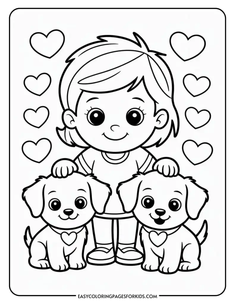 Child smiling with two puppies, surrounded by hearts, in a coloring page.