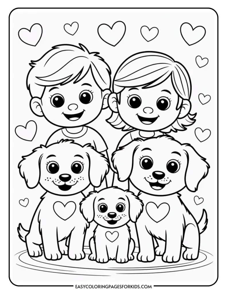 Two smiling children with three cute puppies, surrounded by hearts.