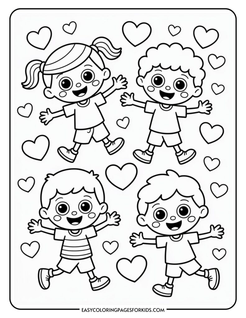 Four cartoon children with happy expressions, surrounded by hearts, in a coloring page format.