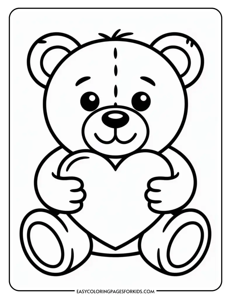 Cute teddy bear holding a heart, depicted in a simple, black-and-white coloring page design.