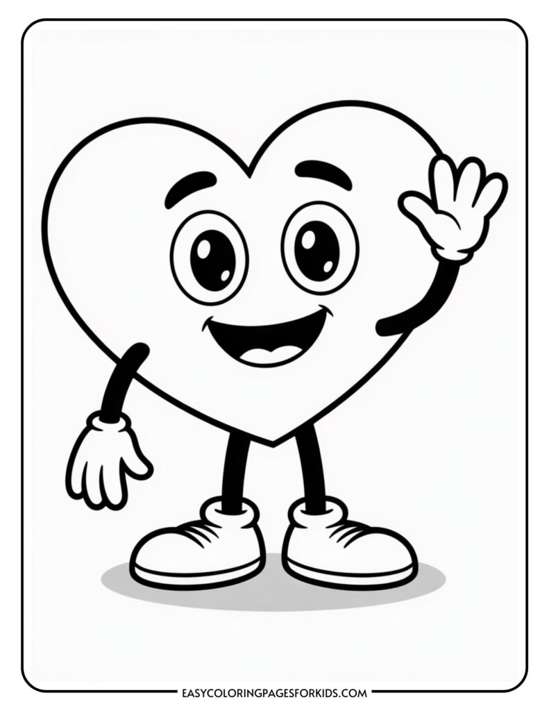 A cartoon heart character with eyes, a big smile, and gloves waving with one hand.