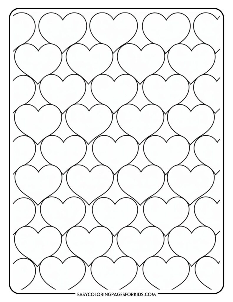 A coloring page featuring a repeating pattern of heart outlines.