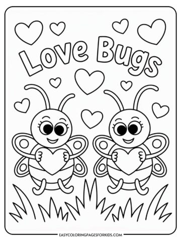 Two cartoon bees holding hearts, surrounded by smaller hearts and the words 
