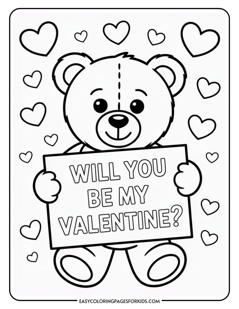 A teddy bear holding a sign that says "Will you be my Valentine?" surrounded by hearts.