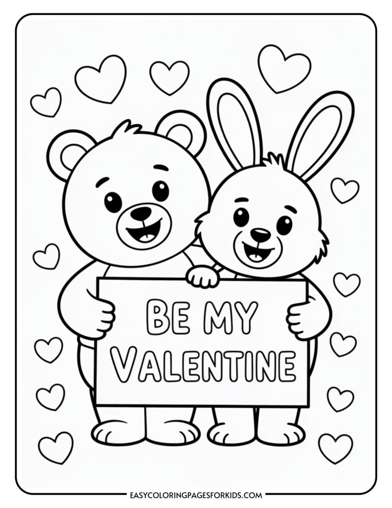 A bear and a rabbit holding a sign that says "Be My Valentine," surrounded by hearts.