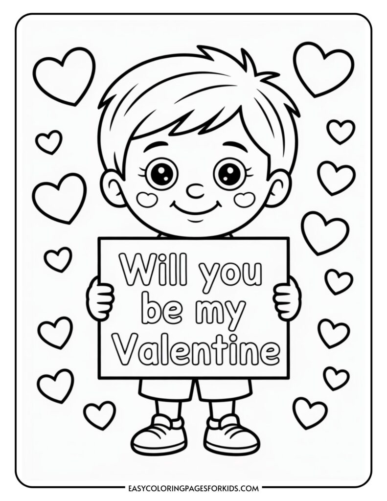 A cartoon child holding a sign that reads "Will you be my Valentine," surrounded by heart shapes.