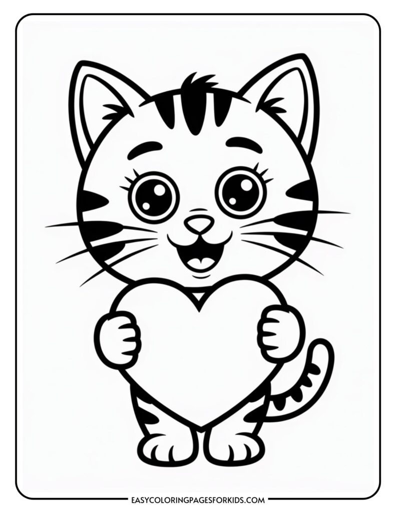 A cute cartoon cat holding a large heart, with wide eyes and stripes on its head.