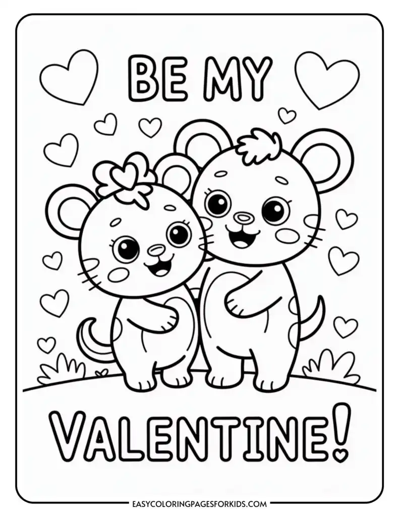Two cartoon lions with hearts surrounding them and the text "Be My Valentine".