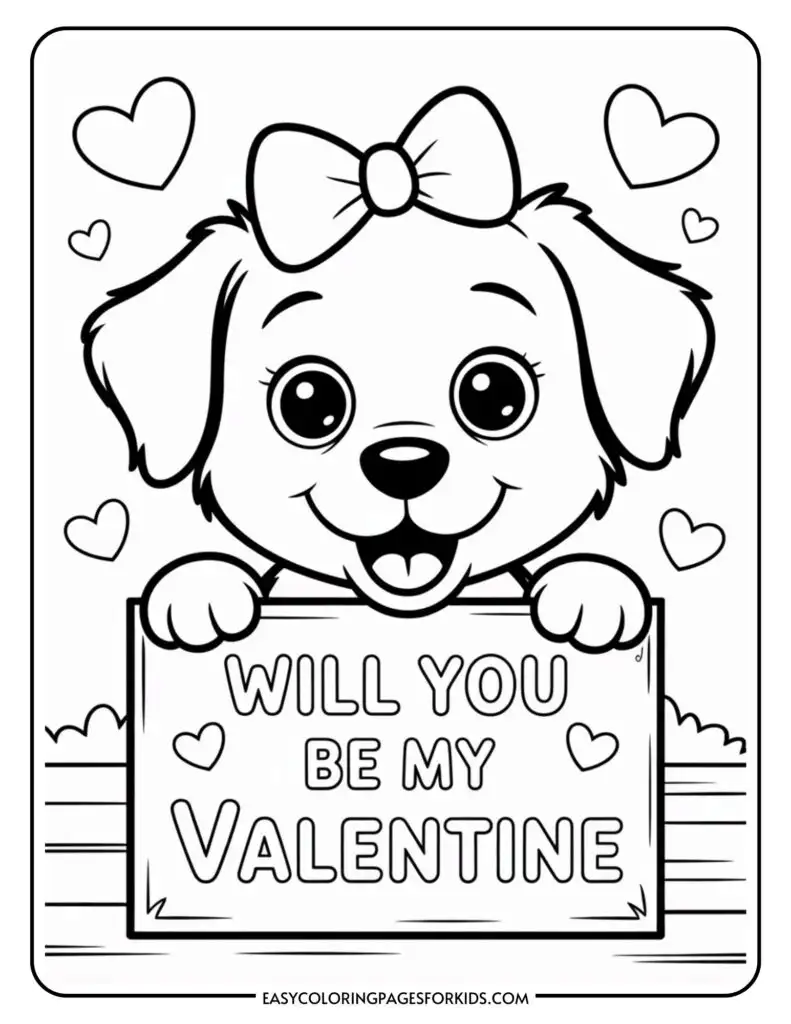 Cartoon puppy with a bow holds a sign reading "Will You Be My Valentine" surrounded by hearts.