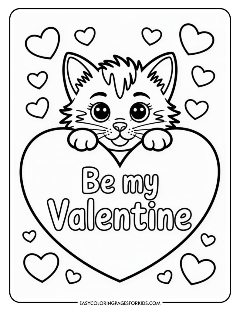 A cute cat peeks over a large heart with the text "Be my Valentine," surrounded by smaller hearts.