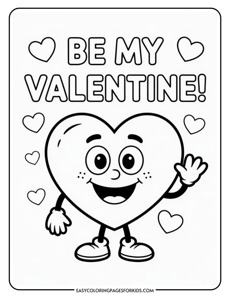 A smiling heart character with arms and legs waves, surrounded by smaller hearts, with the text "Be My Valentine!"