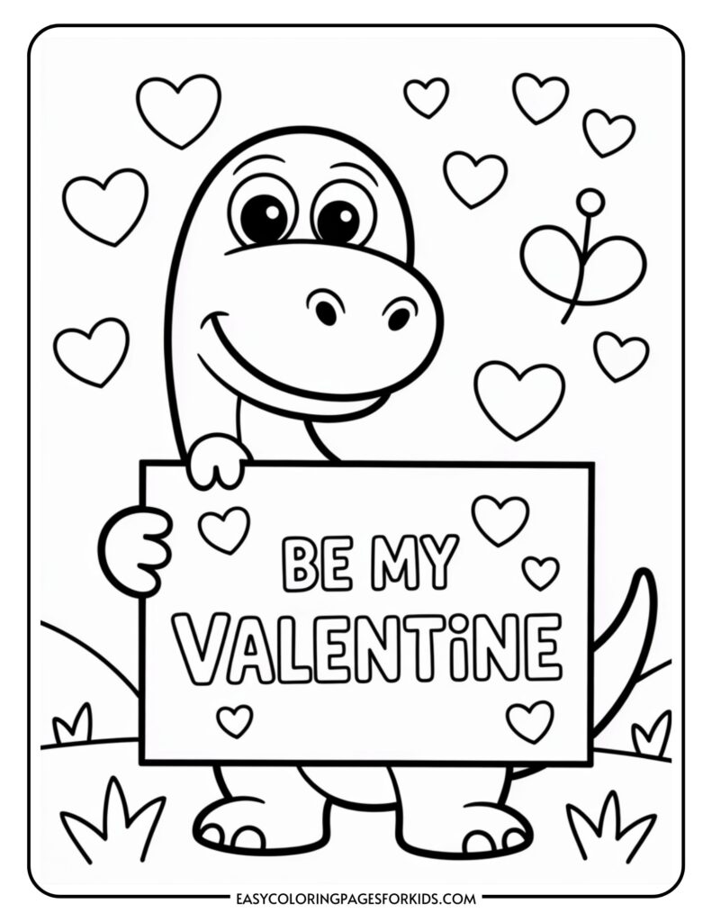 Cartoon dinosaur holding a sign that reads "Be My Valentine," surrounded by hearts.