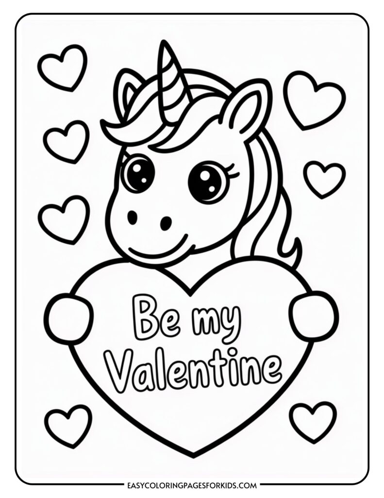 A unicorn holding a heart with the text "Be my Valentine," surrounded by smaller hearts.