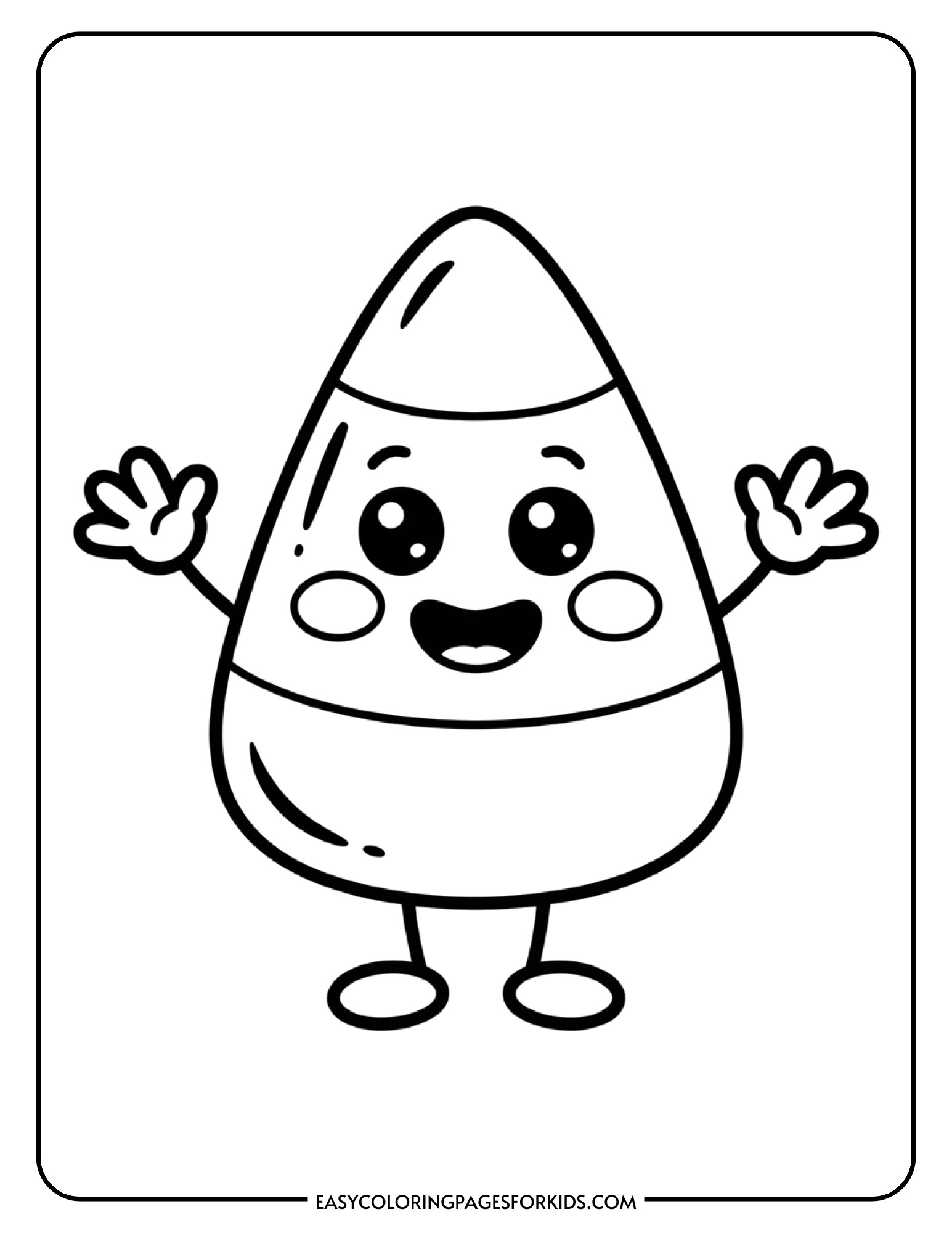 A friendly cartoon candy corn with a smiling face and stick arms and legs.