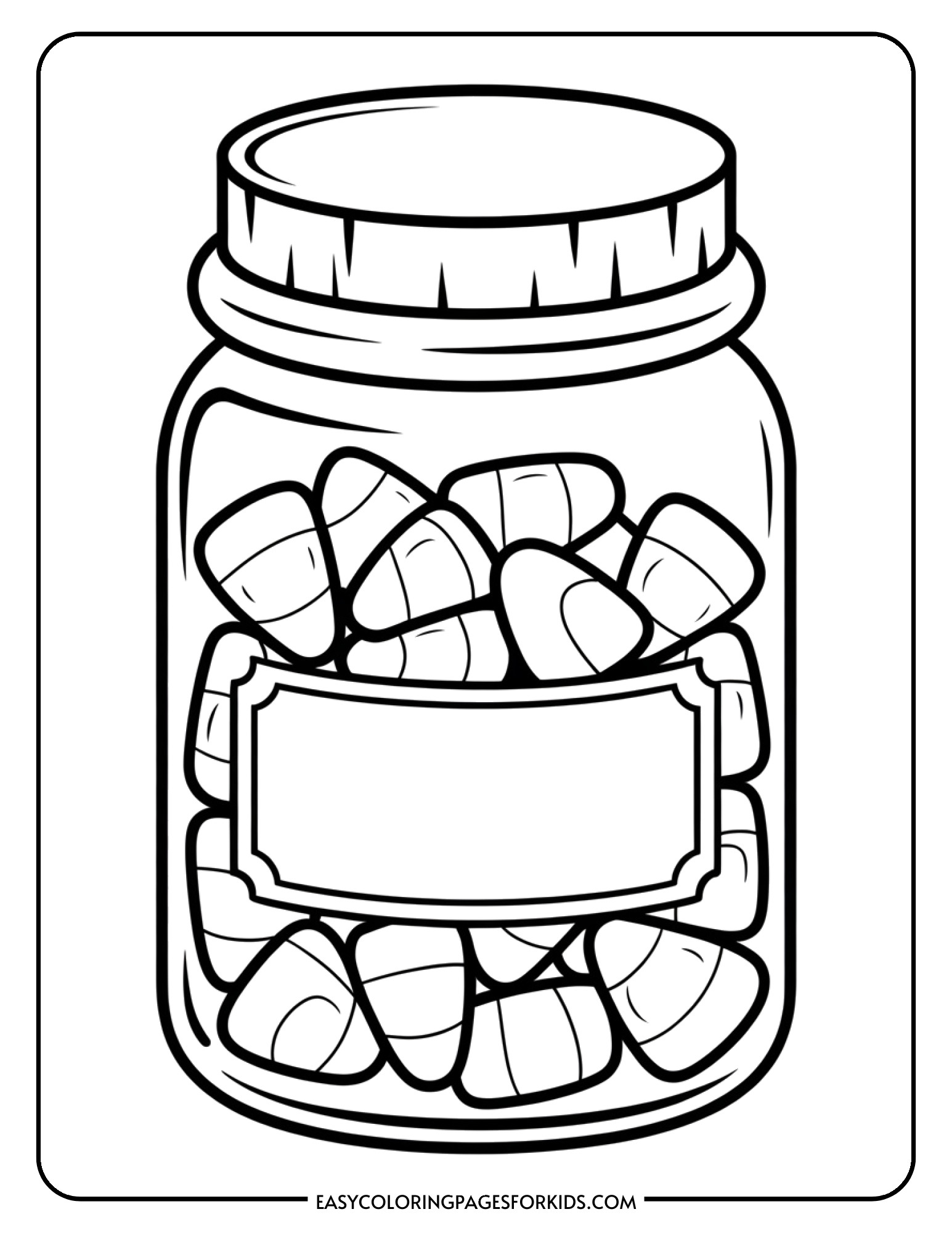 A decorative jar full of candy corn with space for a custom label.