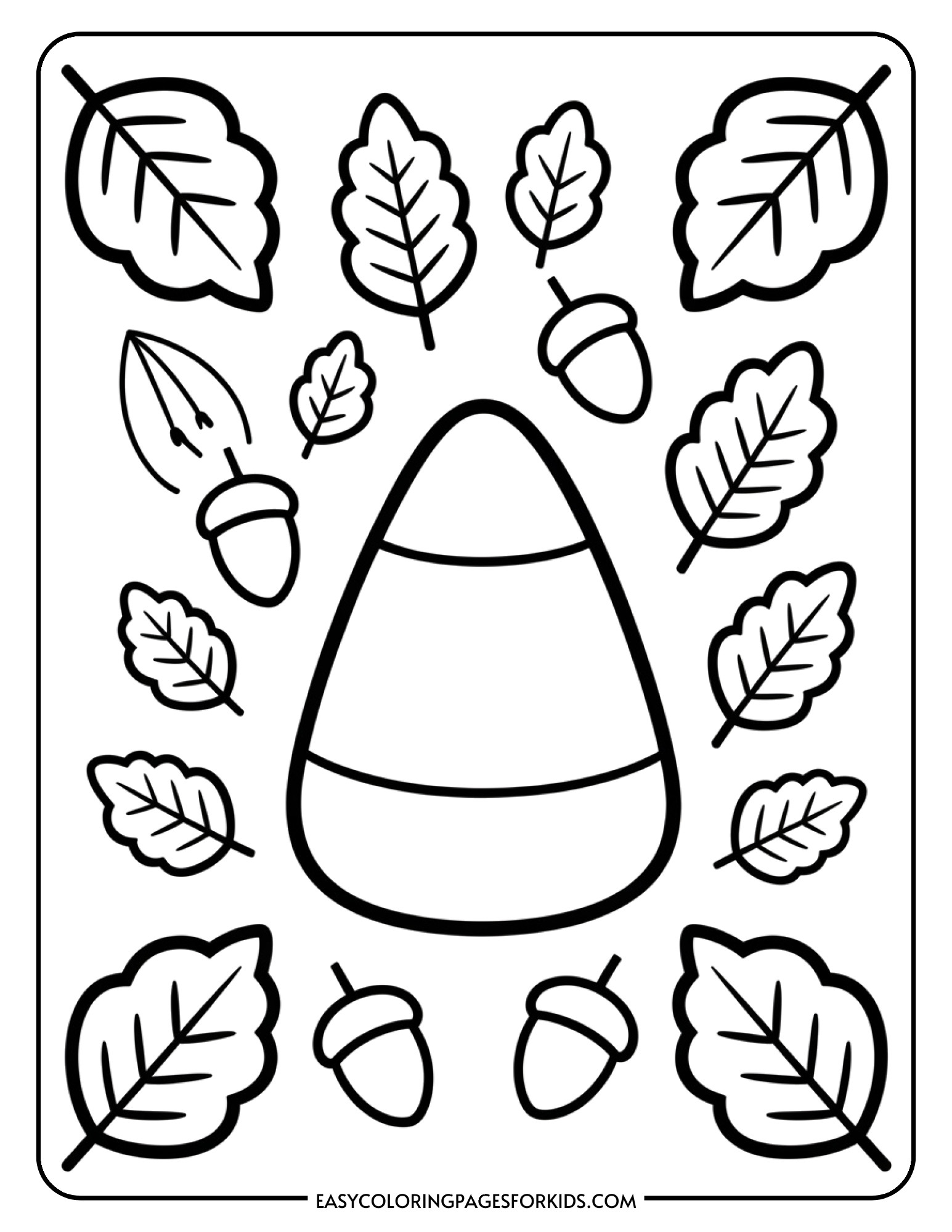A candy corn design decorated with falling leaves and acorns around it.