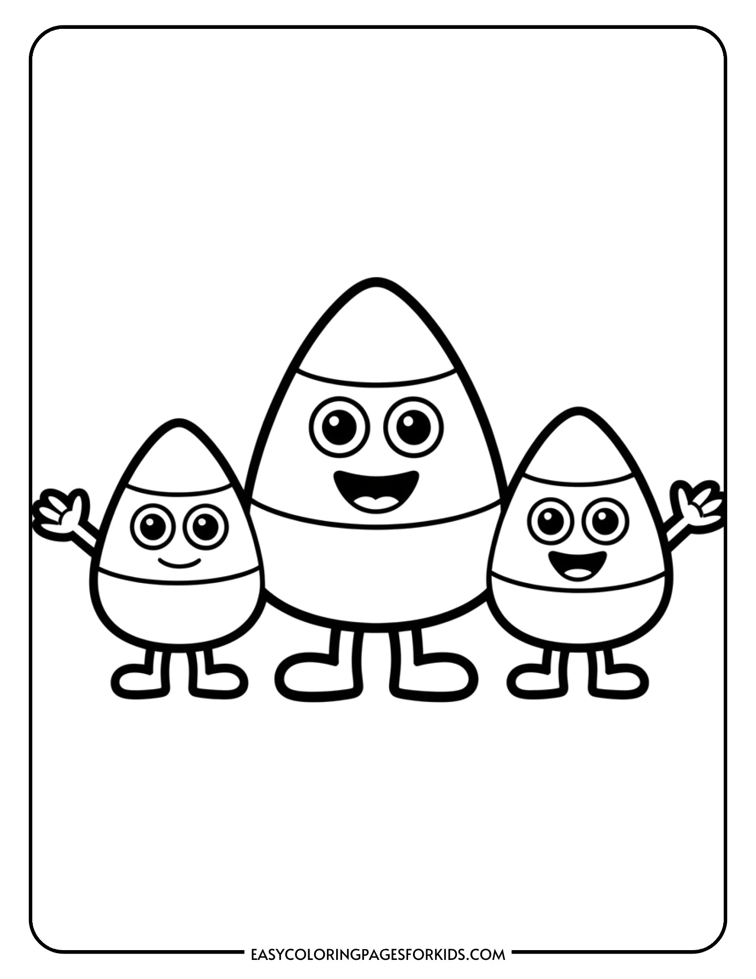 Three candy corn characters in small, medium, and large sizes grouped together.