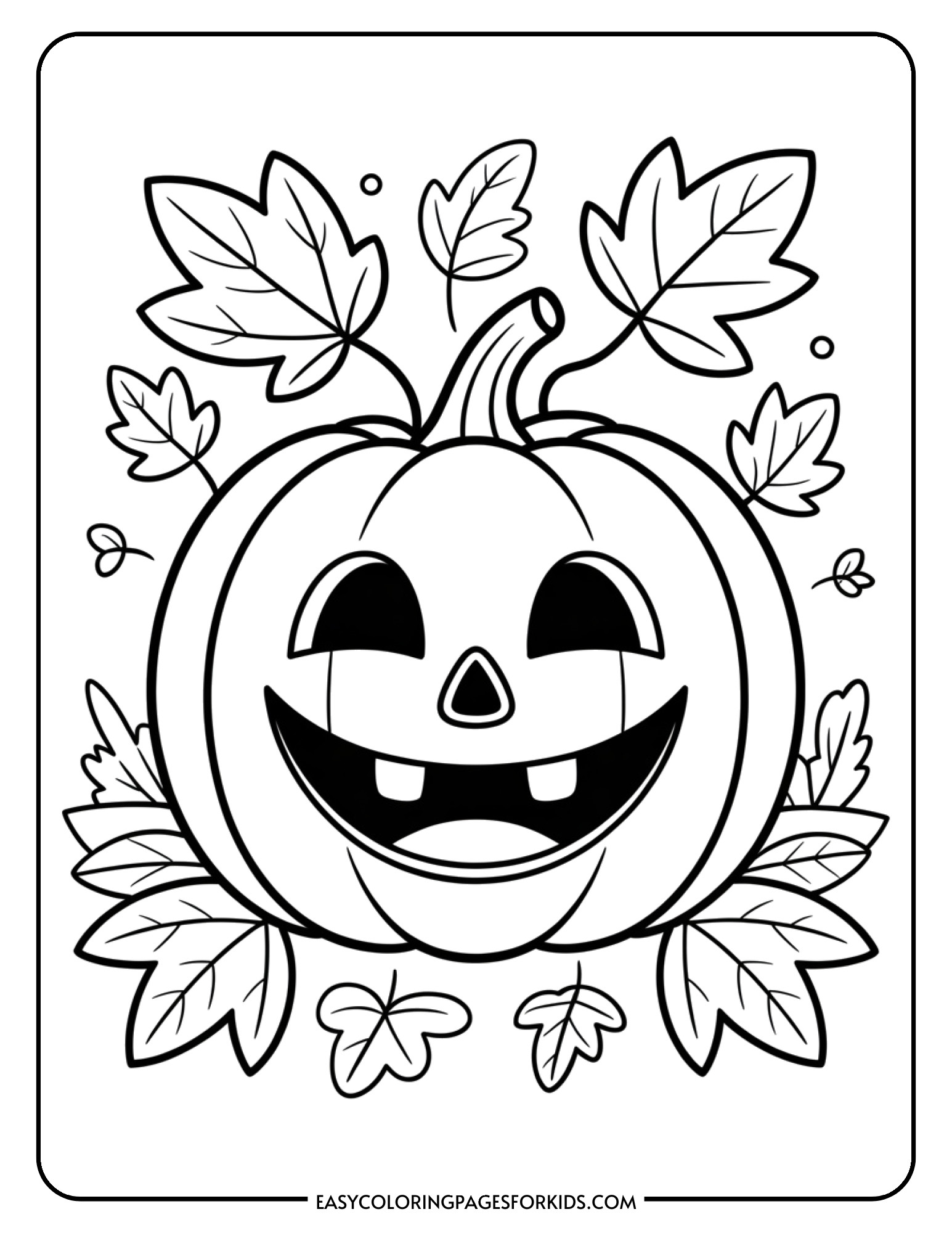 A cheerful jack-o-lantern pumpkin with carved features surrounded by fall leaves ready to color.