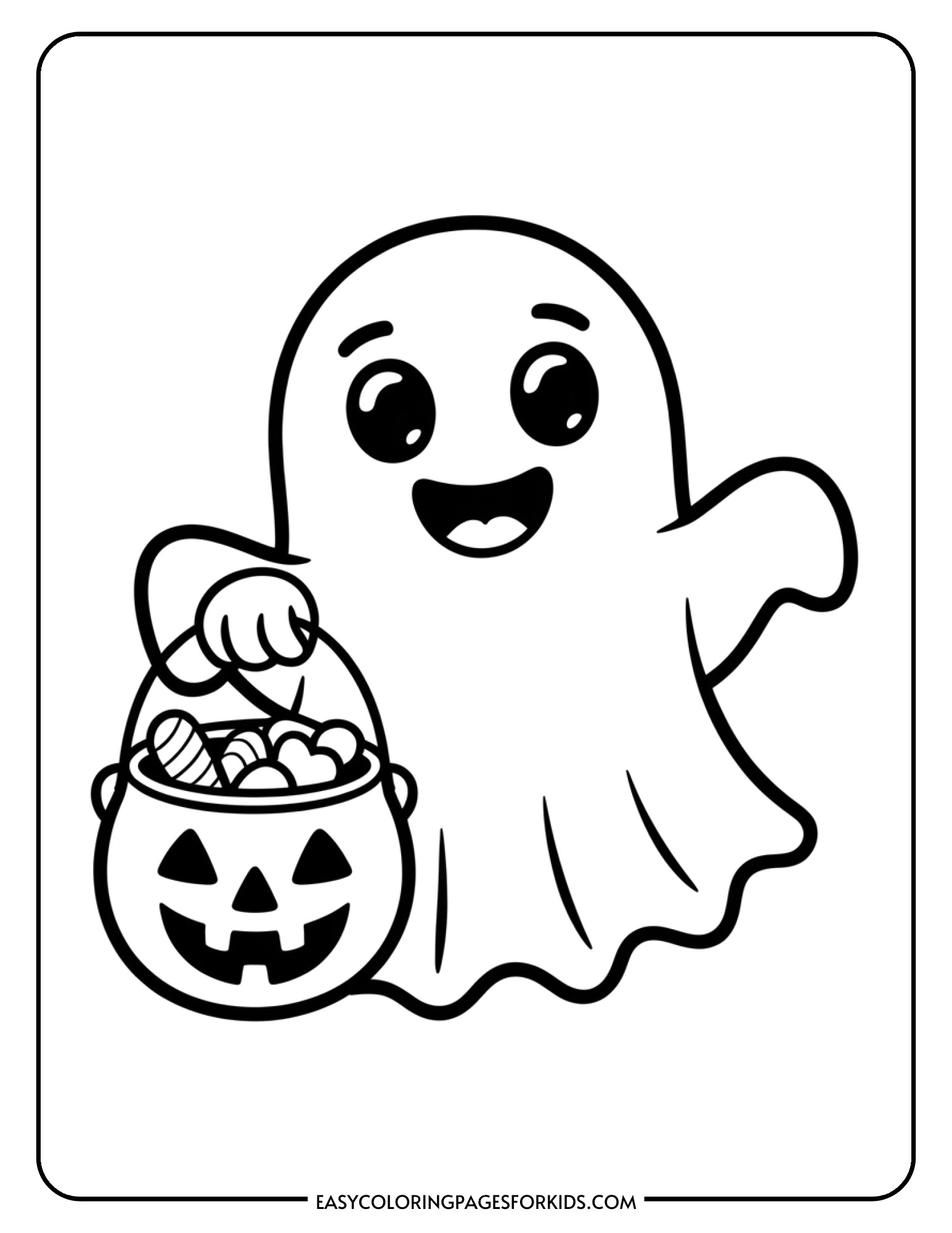 A happy cartoon ghost carrying a Halloween candy bucket ready for coloring.