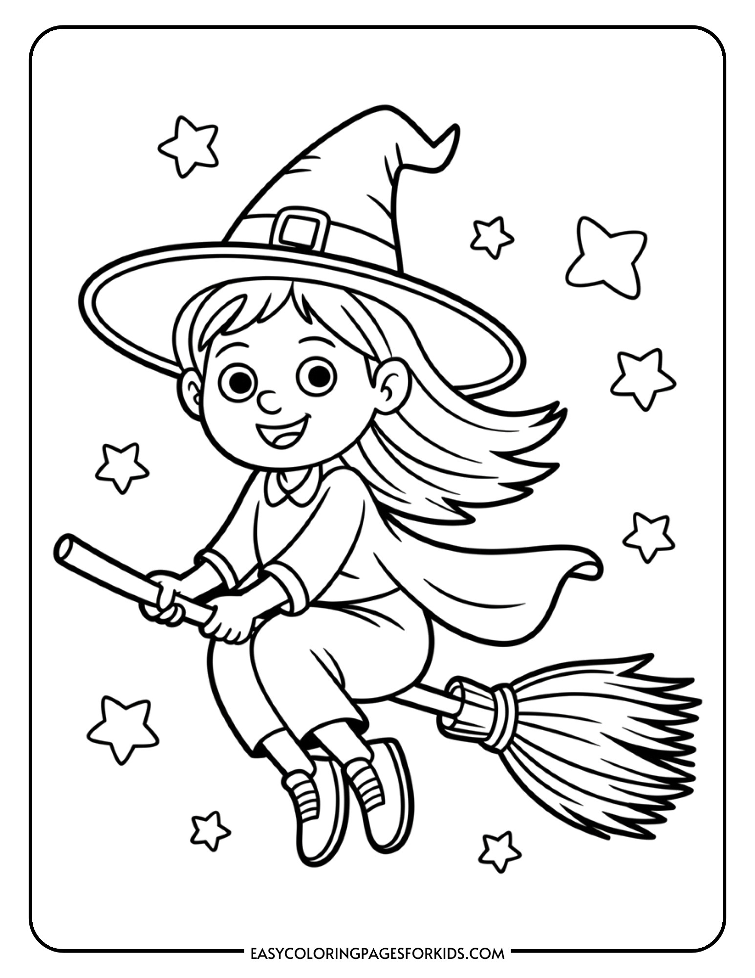 A smiling witch riding a broomstick through a starry sky in this printable coloring page.