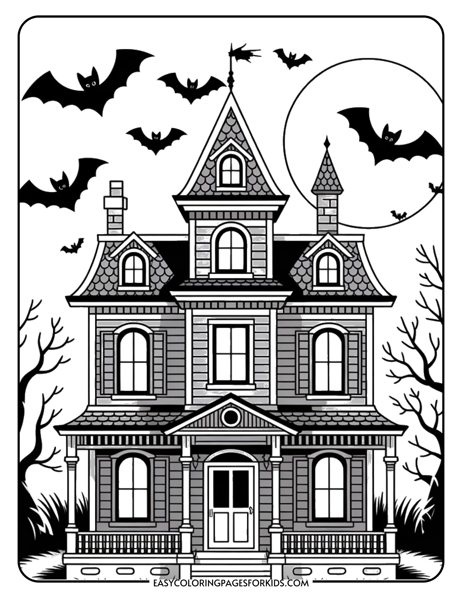 A classic haunted house with bats and a full moon perfect for Halloween coloring.