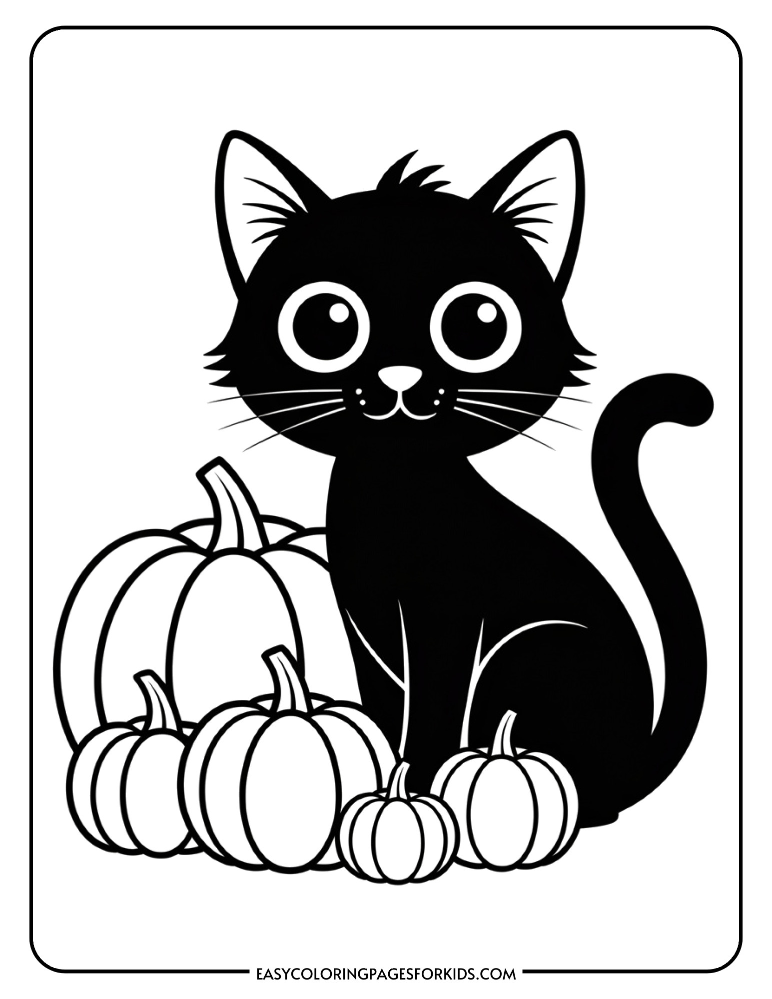 A cute black cat sitting beside pumpkins in this Halloween themed coloring sheet.
