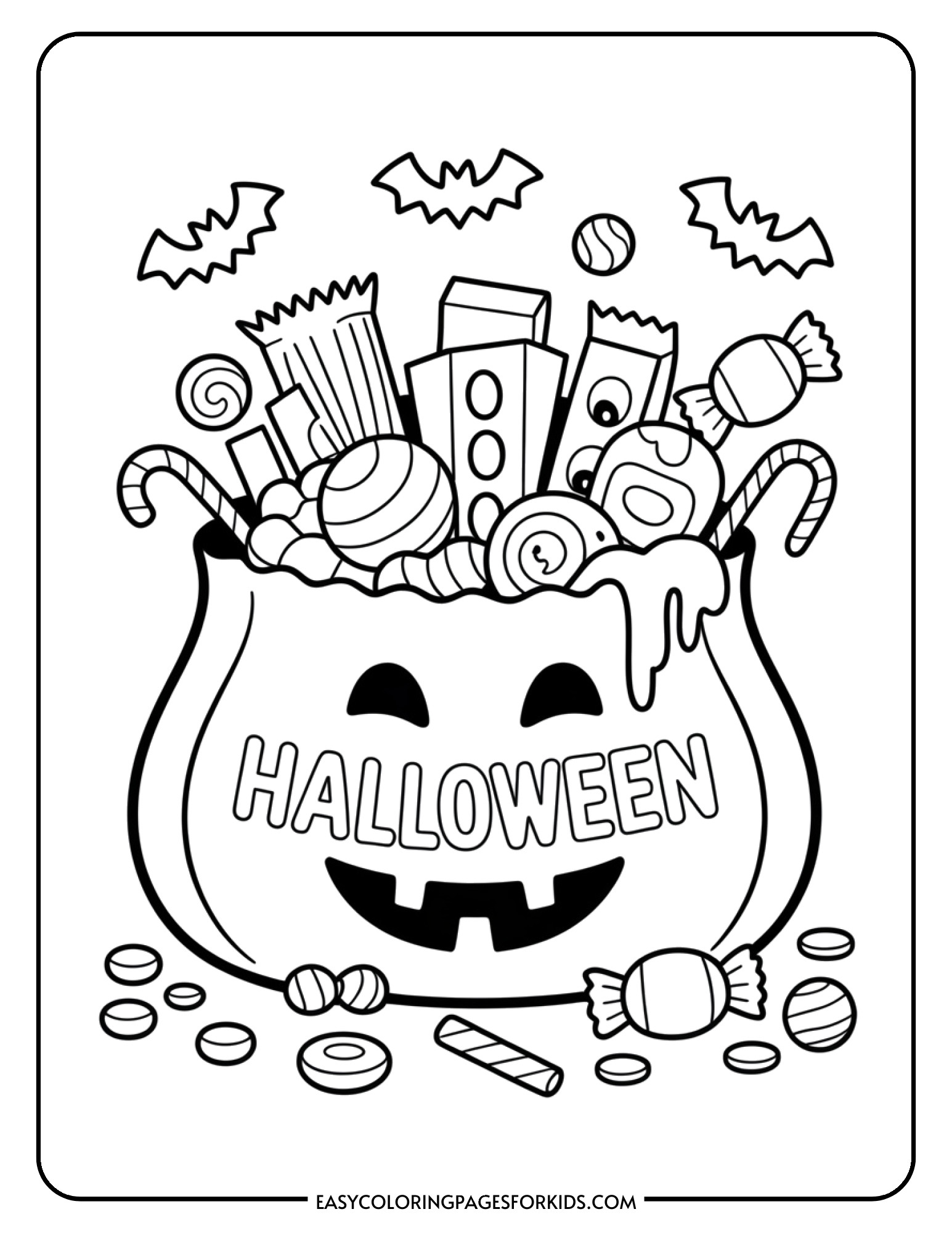 A Halloween candy bag filled with treats and sweets ready to be colored.