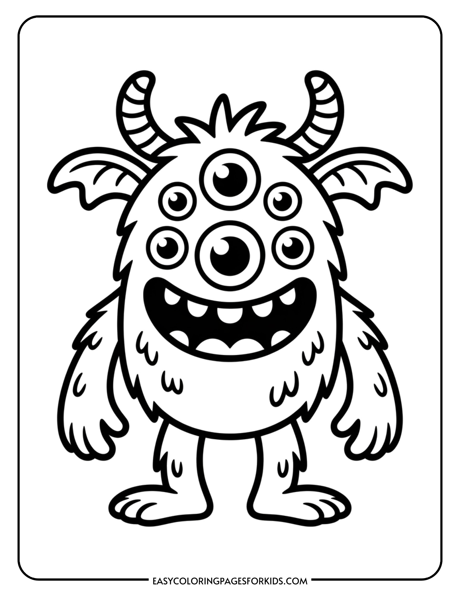 A friendly cartoon monster with multiple eyes and a big smile in this fun coloring page.