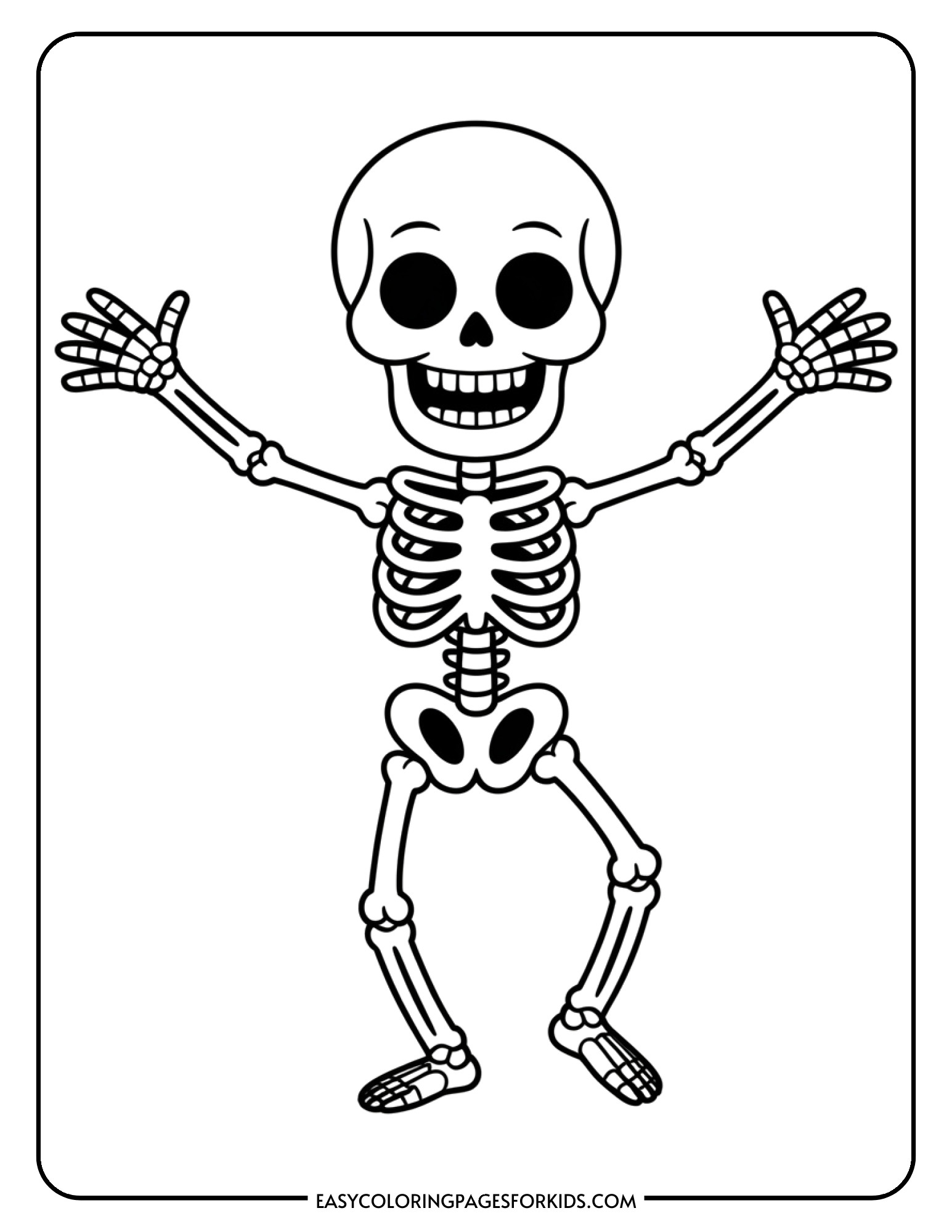 A happy dancing skeleton in a fun pose ready for Halloween coloring.