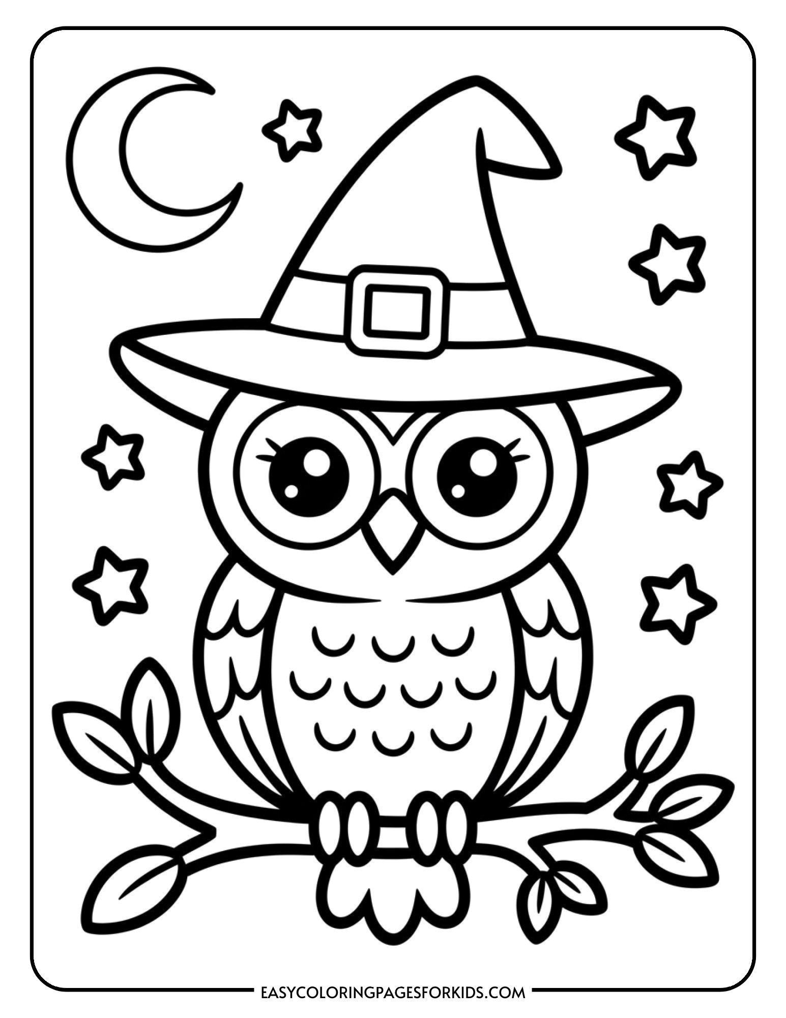 An adorable owl wearing a witch's hat sitting on a tree branch in this Halloween coloring sheet.
