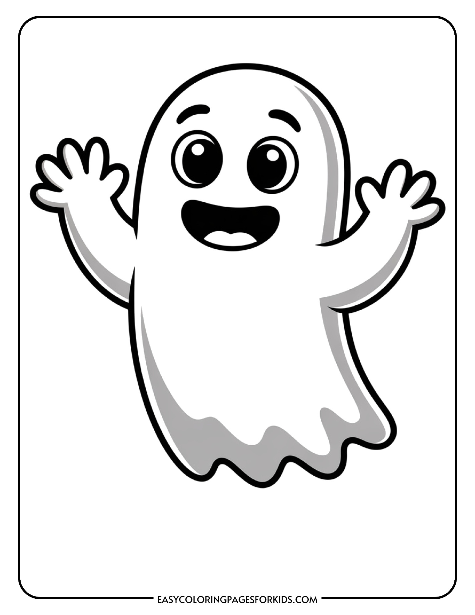 A cheerful cartoon ghost with a big smile and outstretched arms floats happily in the air.