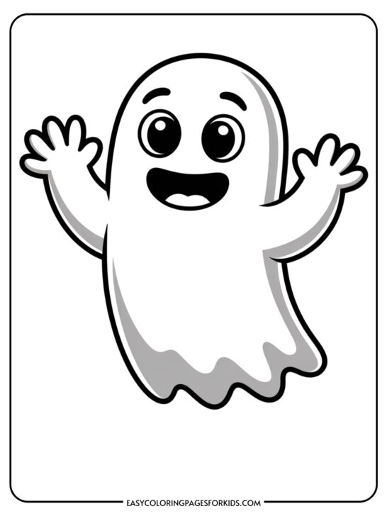 A cheerful cartoon ghost with a big smile and outstretched arms floats happily in the air.
