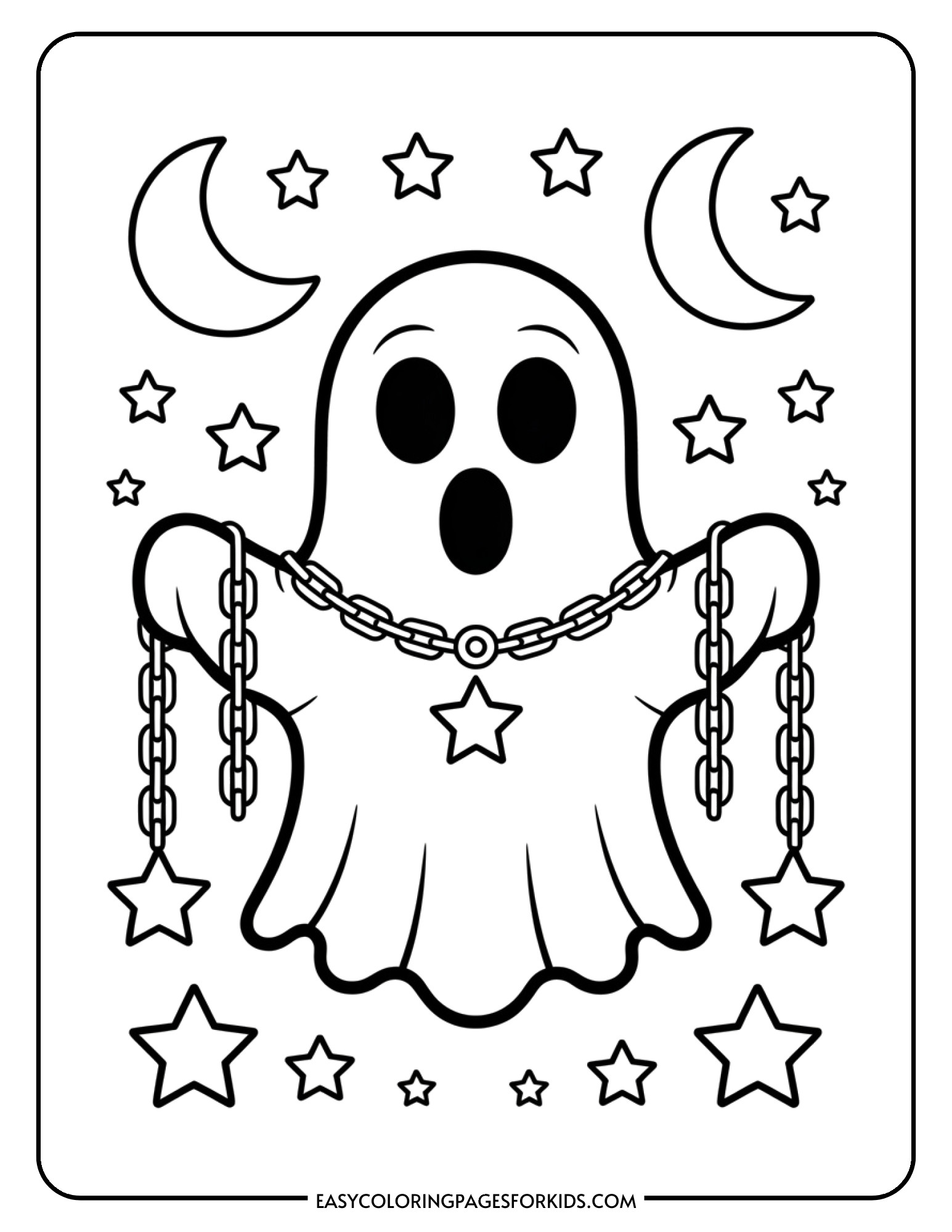 A ghost wears decorative chains while stars and crescent moons float in the background.