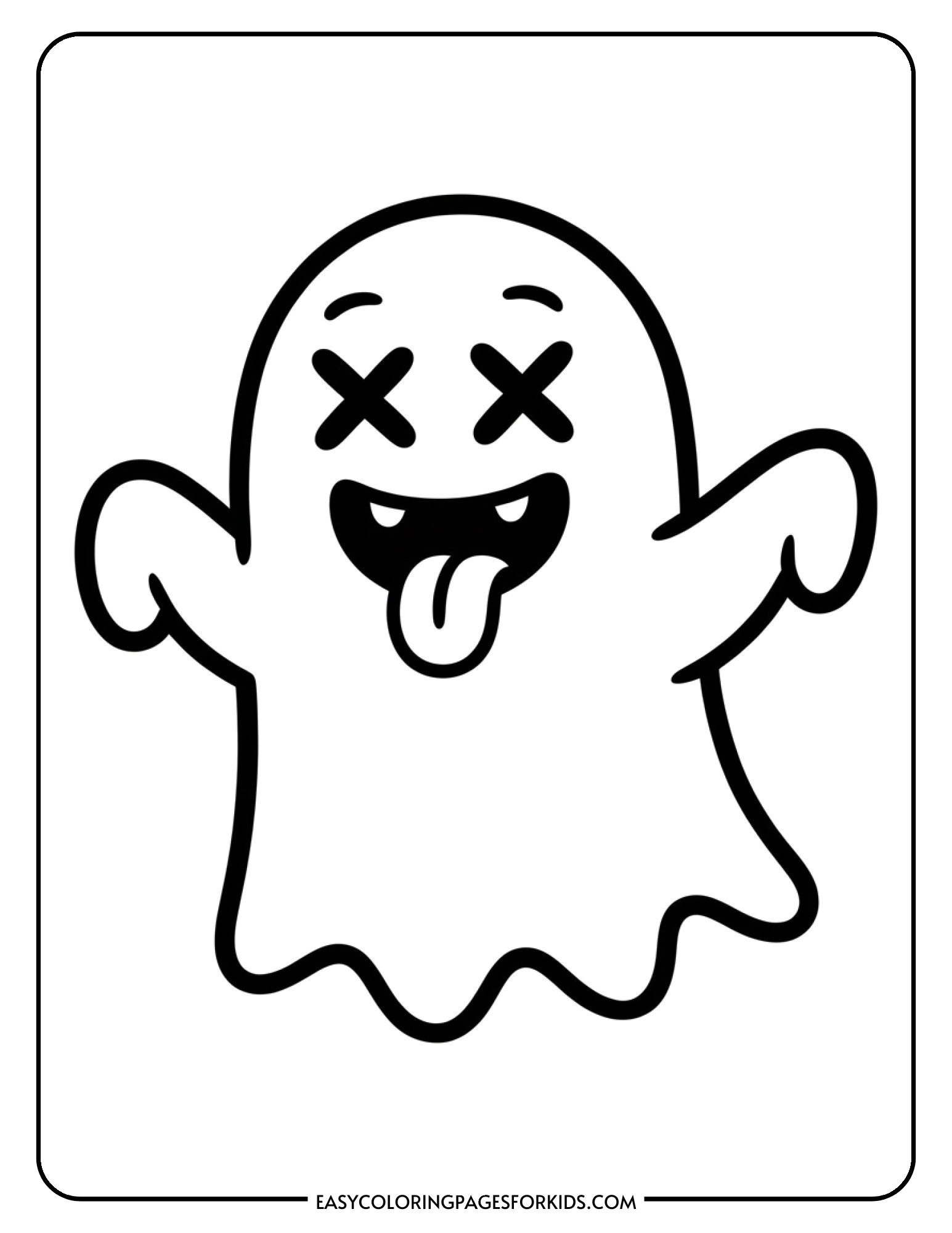A goofy ghost makes a silly face with its tongue sticking out and crossed eyes.