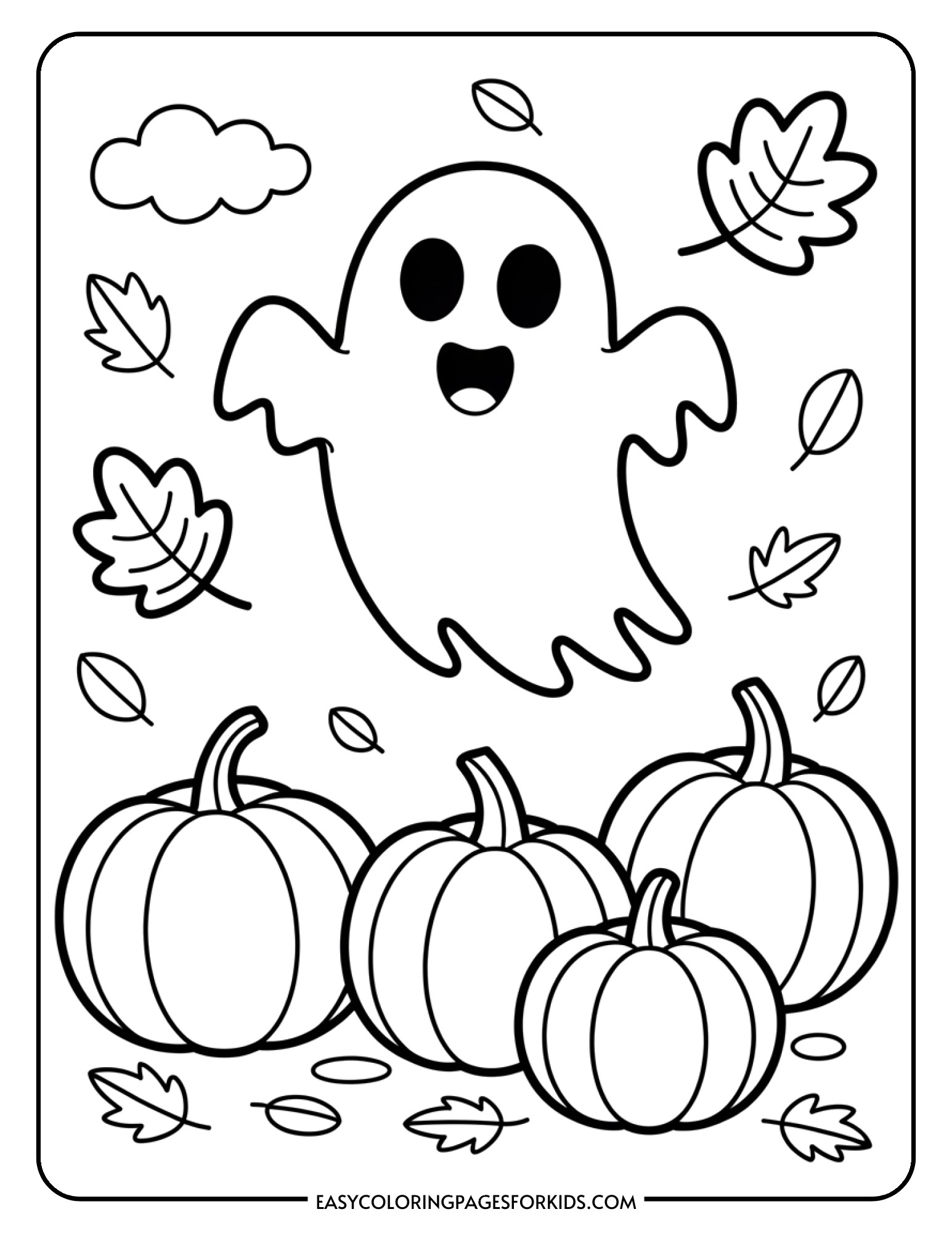 A friendly ghost floats through a pumpkin patch surrounded by pumpkins and fallen leaves.