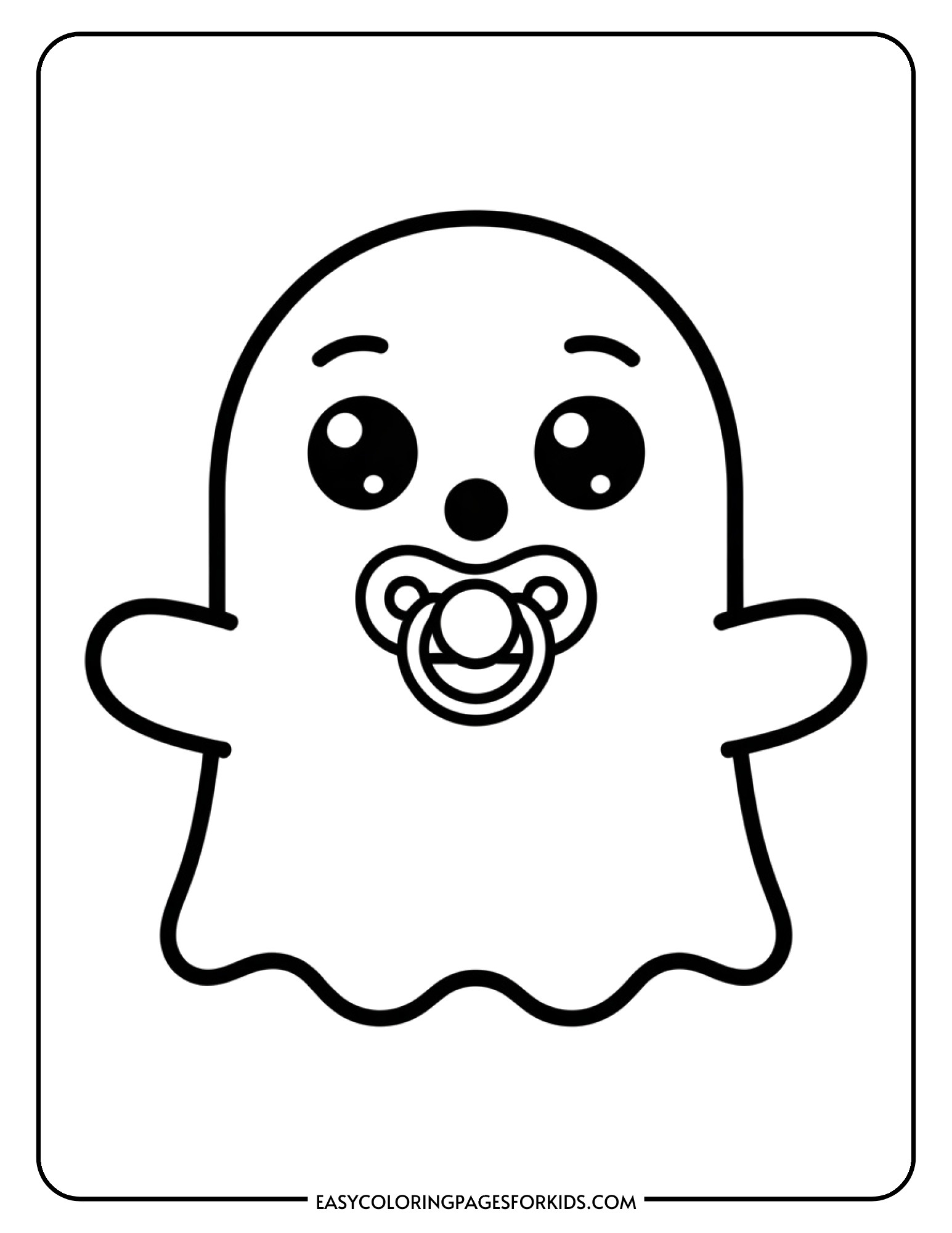 An adorable baby ghost floats gently while holding a pacifier in its mouth.