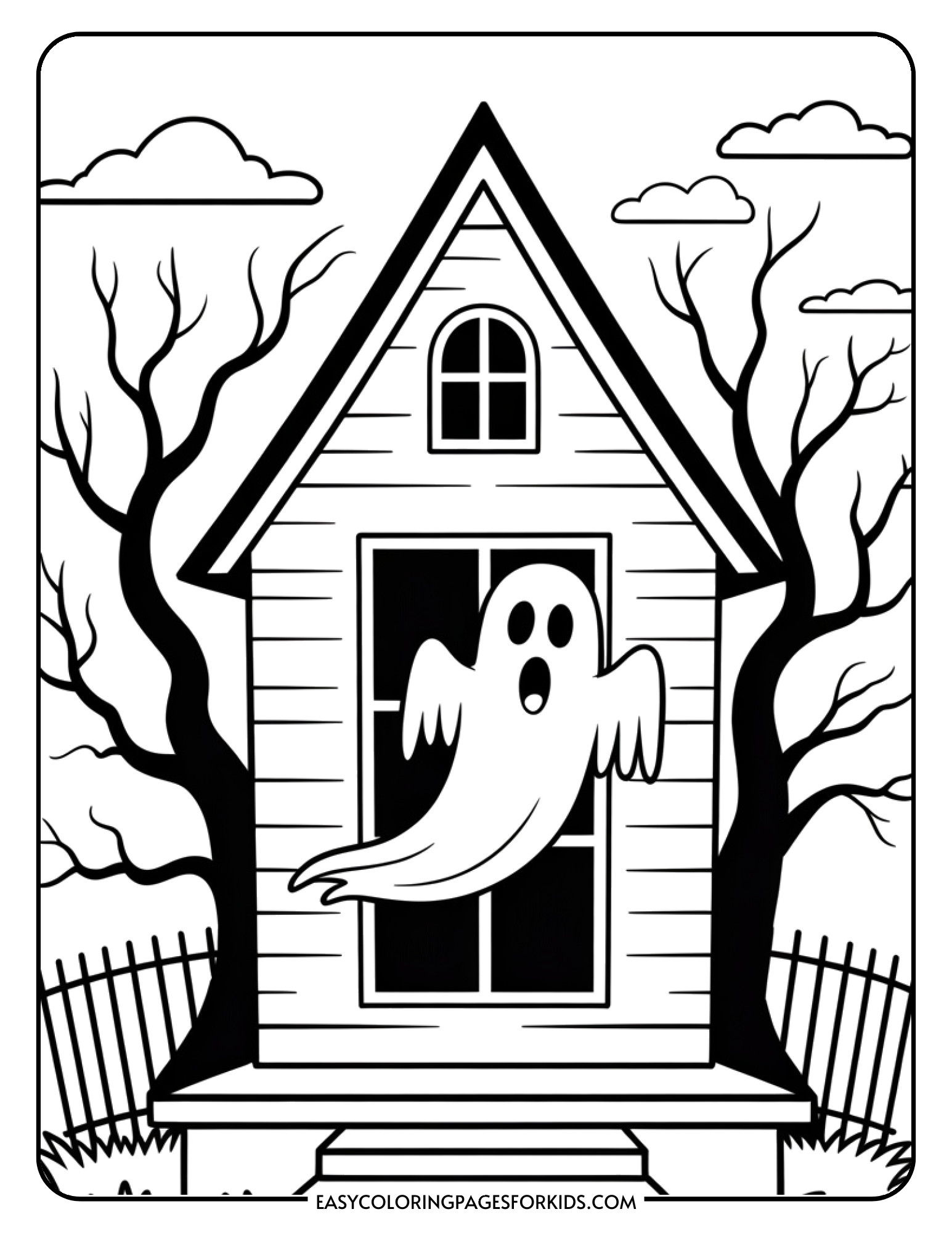 A ghost with a flowing tail emerges from a haunted house window next to a bare tree.