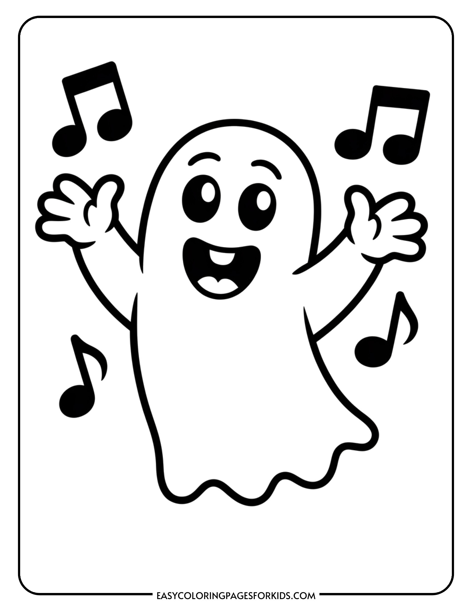 A joyful ghost dances with its arms raised while musical notes float all around it.