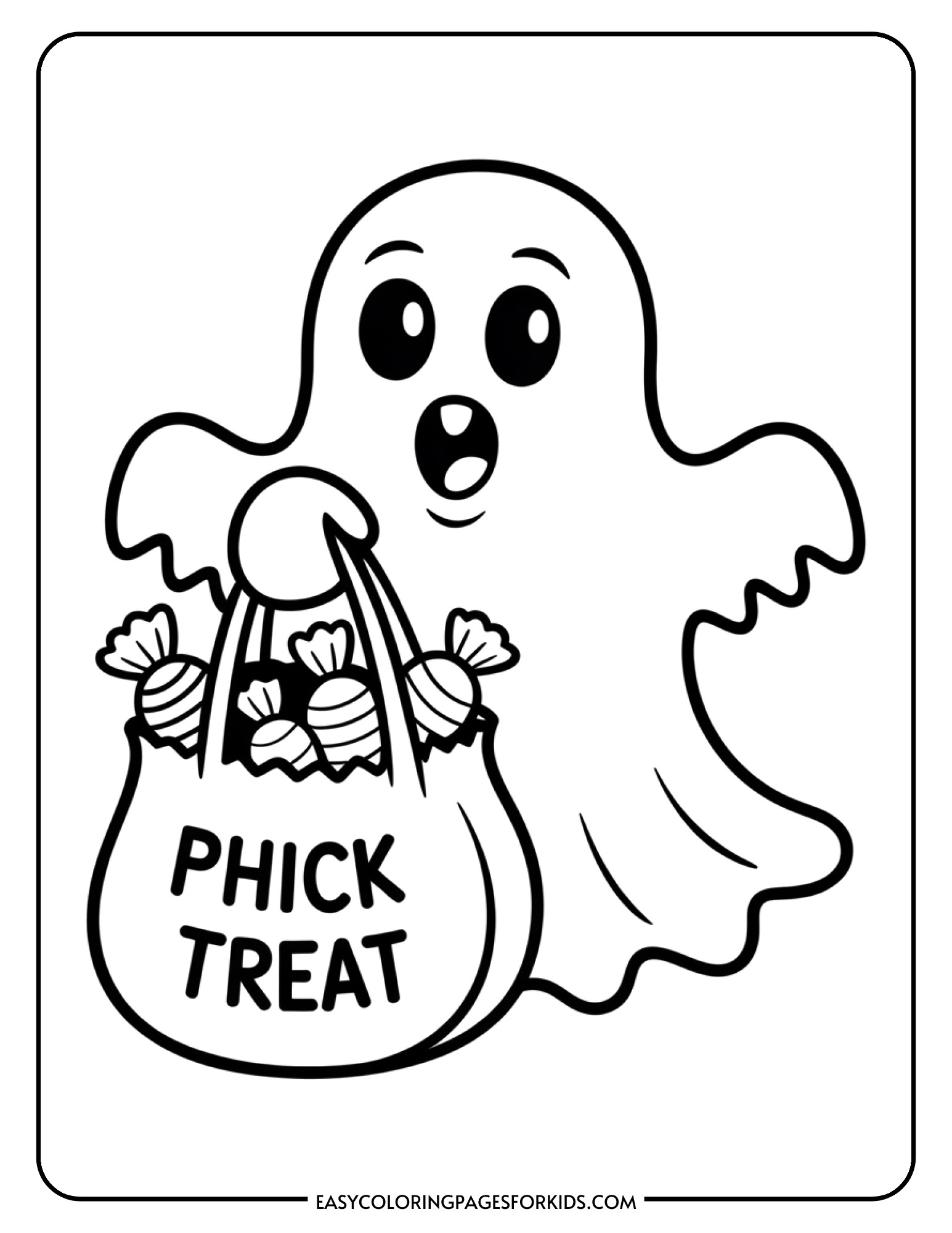 A cheerful ghost holds a trick or treat bag filled with various wrapped candies.