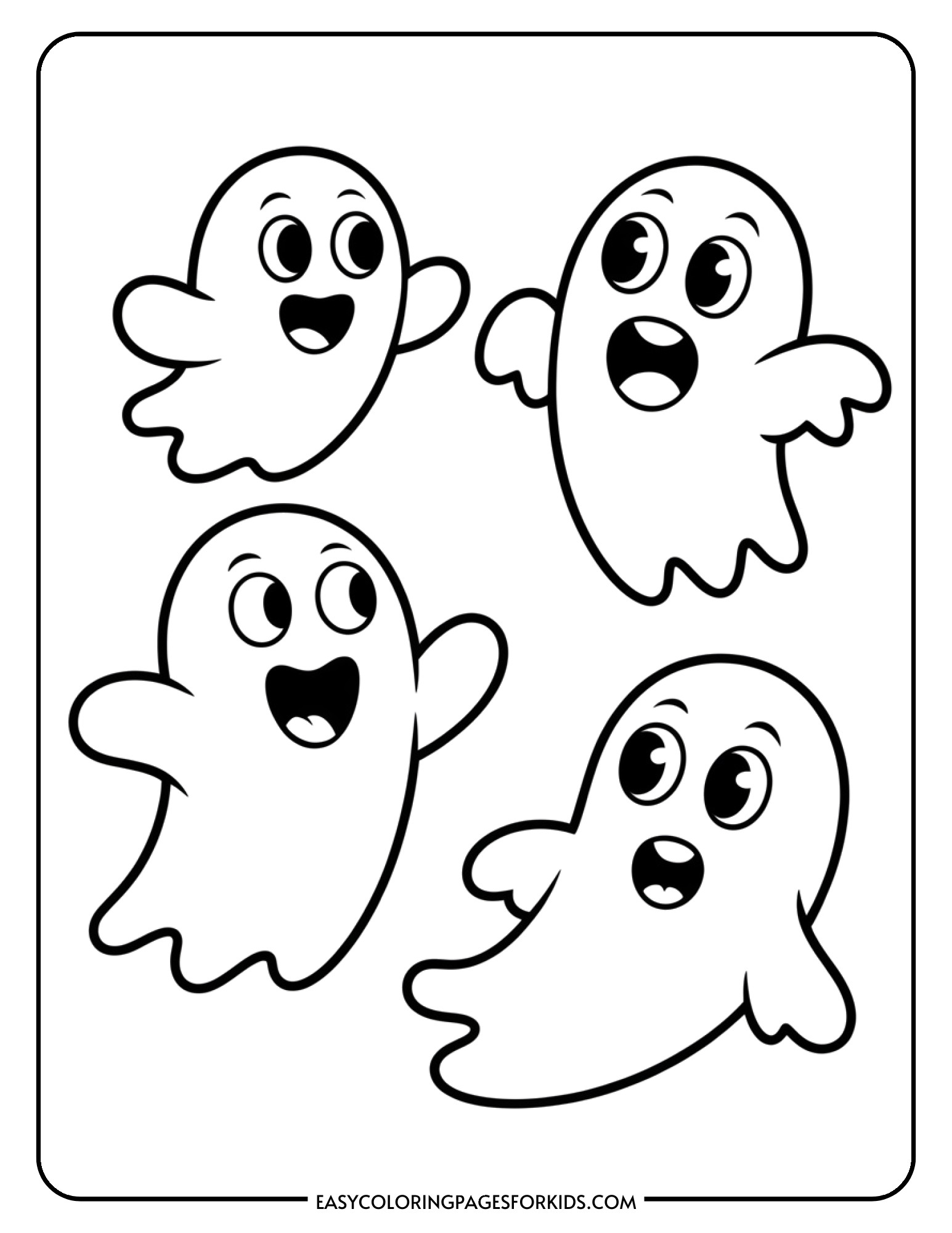 Three friendly ghosts of varying sizes float and play together in a group.
